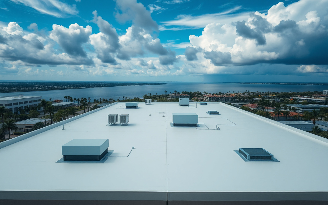 Aerial view of a commercial flat roof in Florida with a coastal skyline
